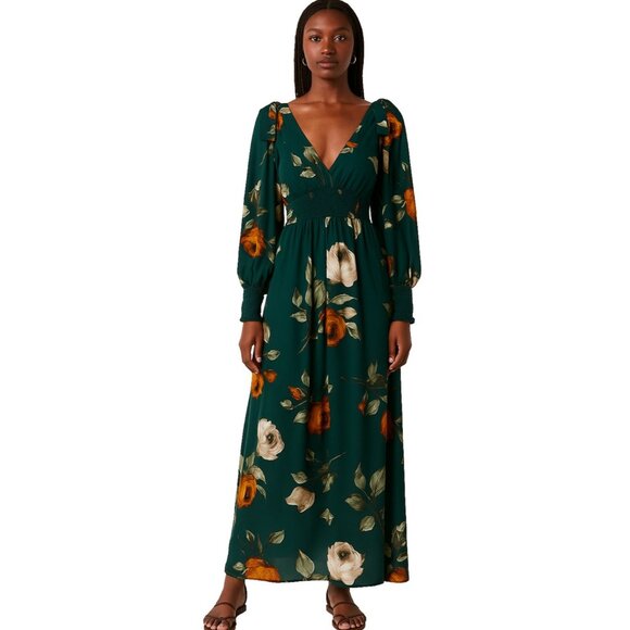 Baltic Born Dresses & Skirts - Baltic Born Maxi Dress Size Small Teal Floral BOHO Cottage Long Sleeve V-Neck